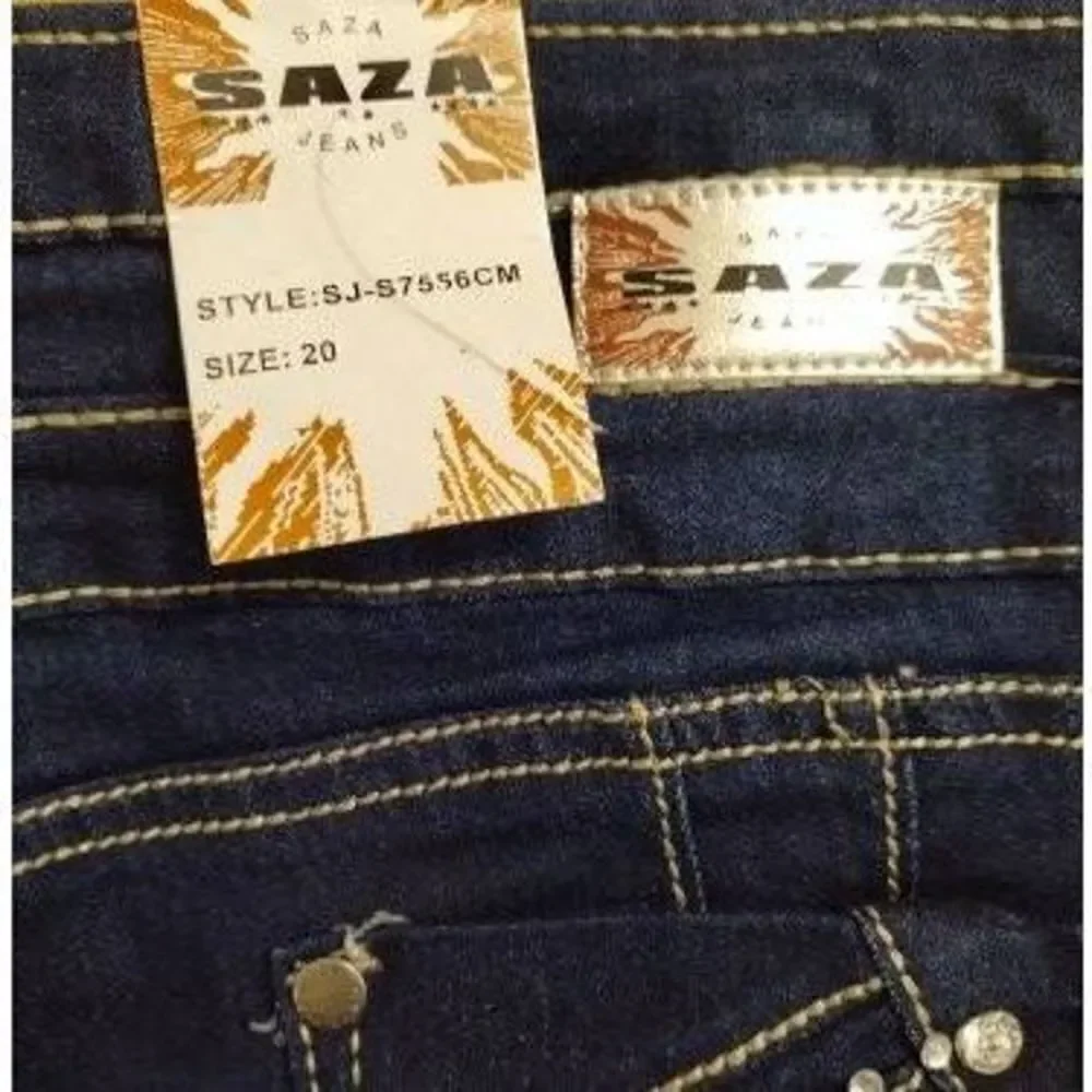 NWT Saza Denim Long Bermuda Jean Shorts Rhinestone Pockets Dark Blue Sz 20